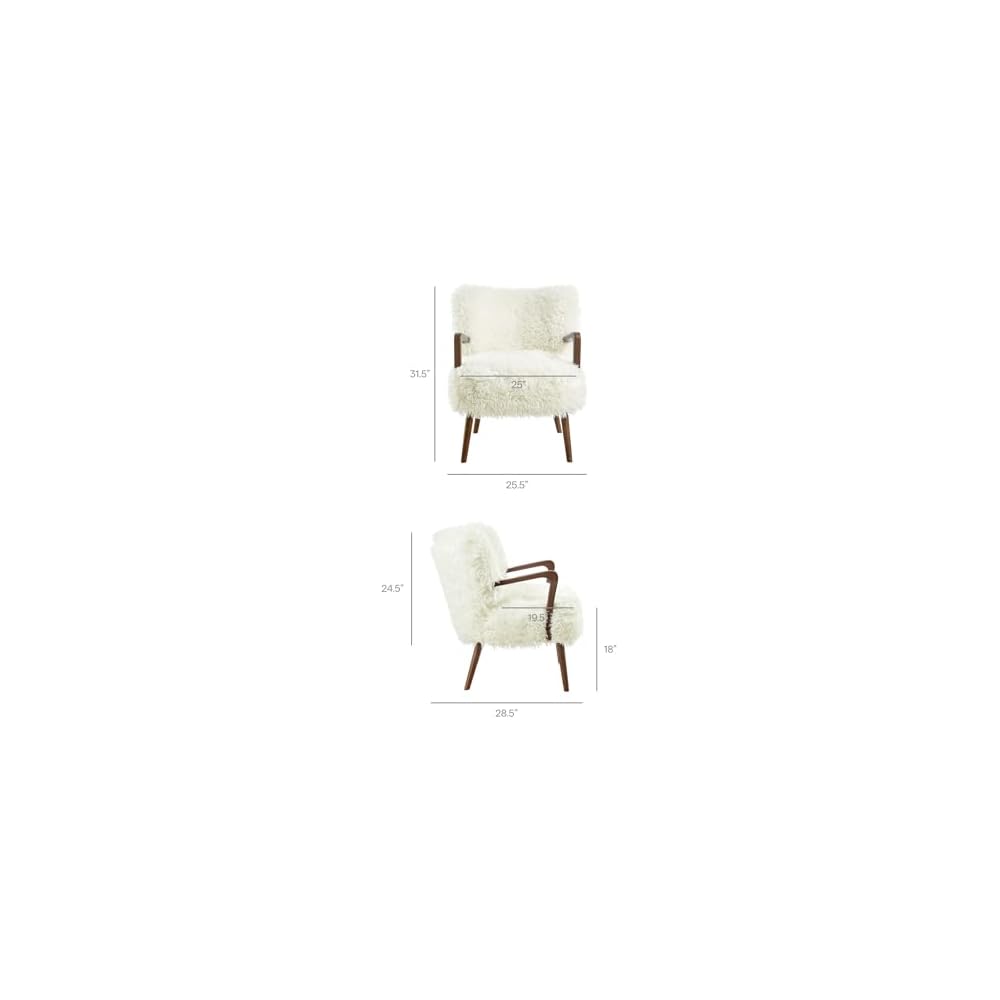 Modway Zerra Upholstered Faux Shearling Lounge Chair in White – Mid-Century Modern Accent Armchair with Wood Frame – Fuzzy Fabric Single Sofa Chair