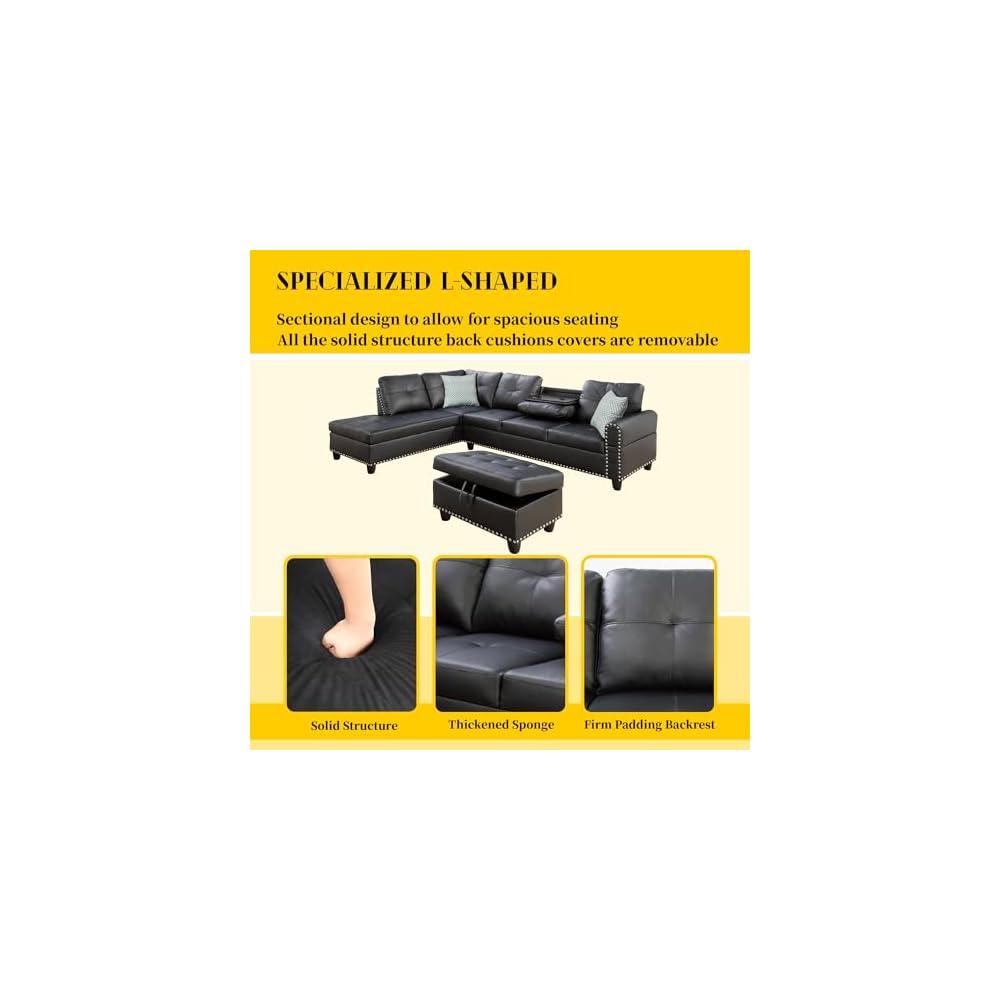 3-Piece Faux Leather Sectional Sofa, Button Tufted Upholstered L-Shape Black Couch with Chaise Lounge and Storage Ottoman, Living Room Furniture Sets w/Foldable Console & Cup Holder