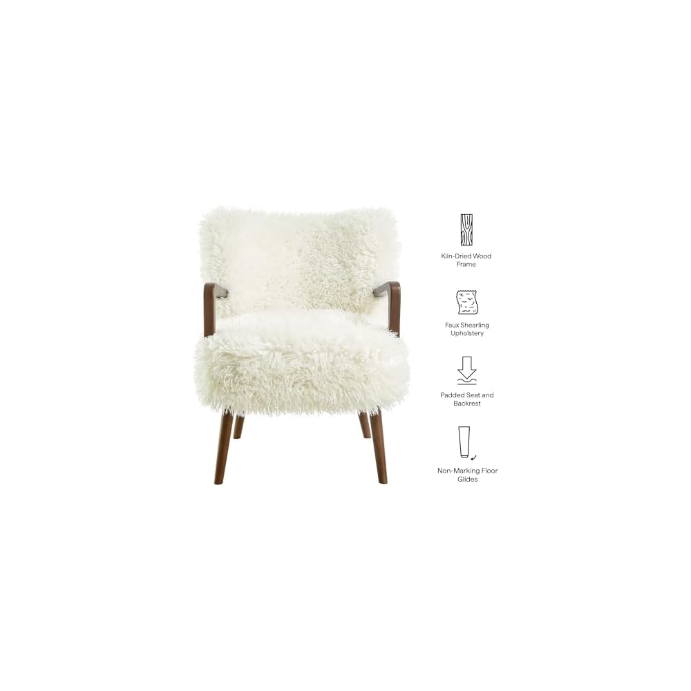 Modway Zerra Upholstered Faux Shearling Lounge Chair in White – Mid-Century Modern Accent Armchair with Wood Frame – Fuzzy Fabric Single Sofa Chair