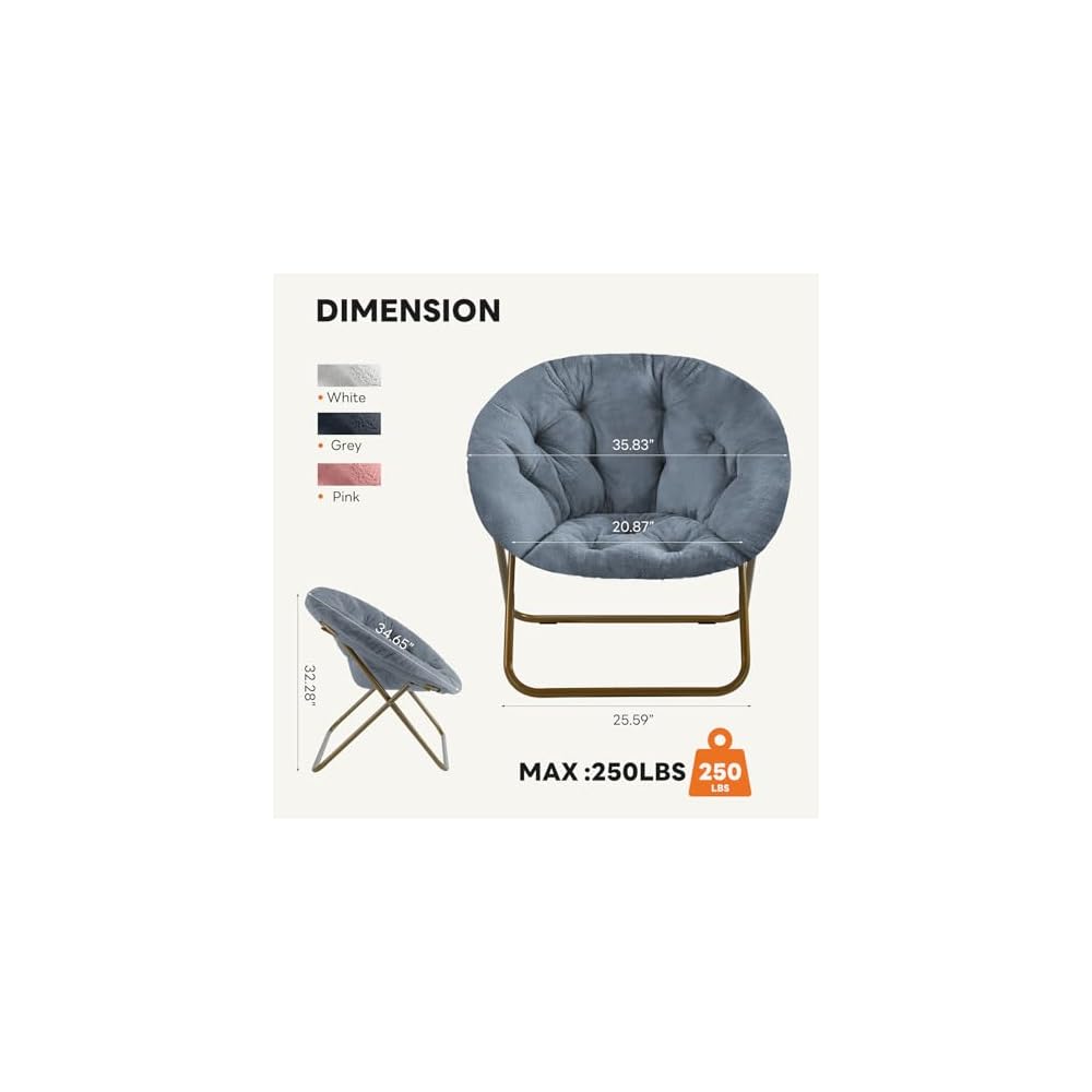 Sweetcrispy Saucer Chairs, Comfy Folding Cozy Faux Fur Living Room Reading Lounge Chair with Soft Thick Padded Seat & Metal Frame Modern Style Bedroom Dorm for Kids Adults, X-Large - Classic Gray