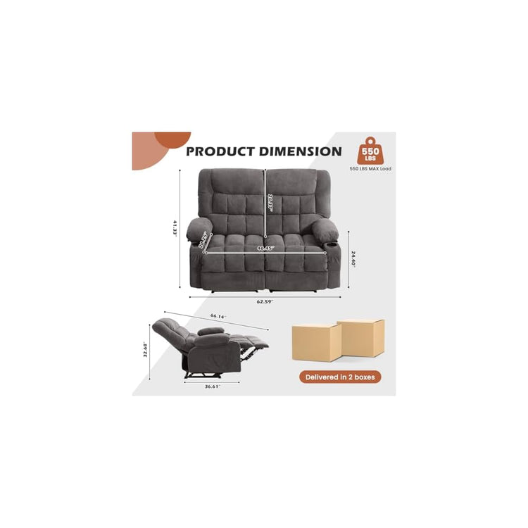 MAHOMICO Recliner Loveseat with Cup Holders for Living Room Love Seat Manual Oversized Recliner with Ergonomic, Side Pocket for Adult