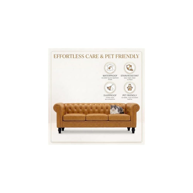 Modern Chesterfield Button-Tufted Couch, 88" Light Brown PU Leather 3 Seater Sofa, Home Luxury Upholstered Sofa Deep Seat Couch for Living Room Apartment Home Office