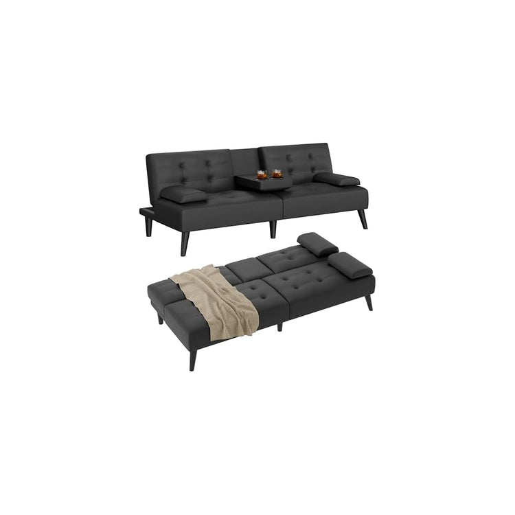 JAMFLY Futon Sofa Bed, 64" Small Futon Couch with Adjustable Backrest (Black Leather)