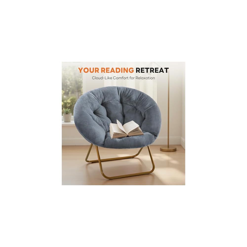 Sweetcrispy Saucer Chairs, Comfy Folding Cozy Faux Fur Living Room Reading Lounge Chair with Soft Thick Padded Seat & Metal Frame Modern Style Bedroom Dorm for Kids Adults, X-Large - Classic Gray