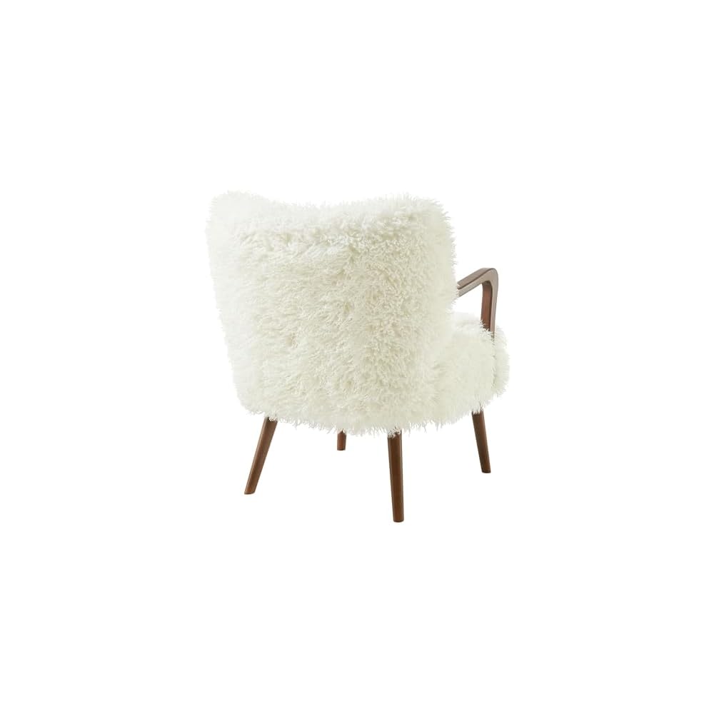 Modway Zerra Upholstered Faux Shearling Lounge Chair in White – Mid-Century Modern Accent Armchair with Wood Frame – Fuzzy Fabric Single Sofa Chair