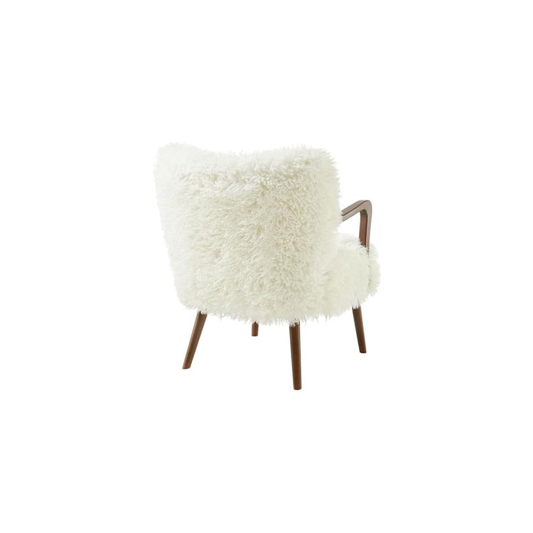 Modway Zerra Upholstered Faux Shearling Lounge Chair in White – Mid-Century Modern Accent Armchair with Wood Frame – Fuzzy Fabric Single Sofa Chair