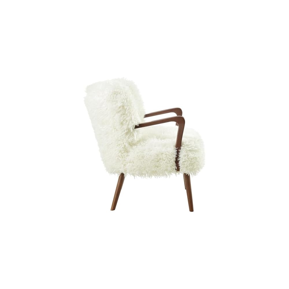 Modway Zerra Upholstered Faux Shearling Lounge Chair in White – Mid-Century Modern Accent Armchair with Wood Frame – Fuzzy Fabric Single Sofa Chair
