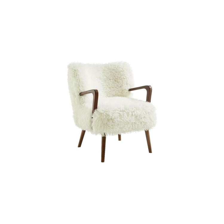 Modway Zerra Upholstered Faux Shearling Lounge Chair in White – Mid-Century Modern Accent Armchair with Wood Frame – Fuzzy Fabric Single Sofa Chair