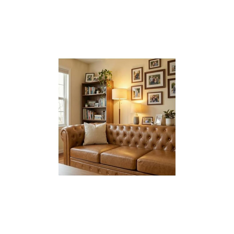 Modern Chesterfield Button-Tufted Couch, 88" Light Brown PU Leather 3 Seater Sofa, Home Luxury Upholstered Sofa Deep Seat Couch for Living Room Apartment Home Office