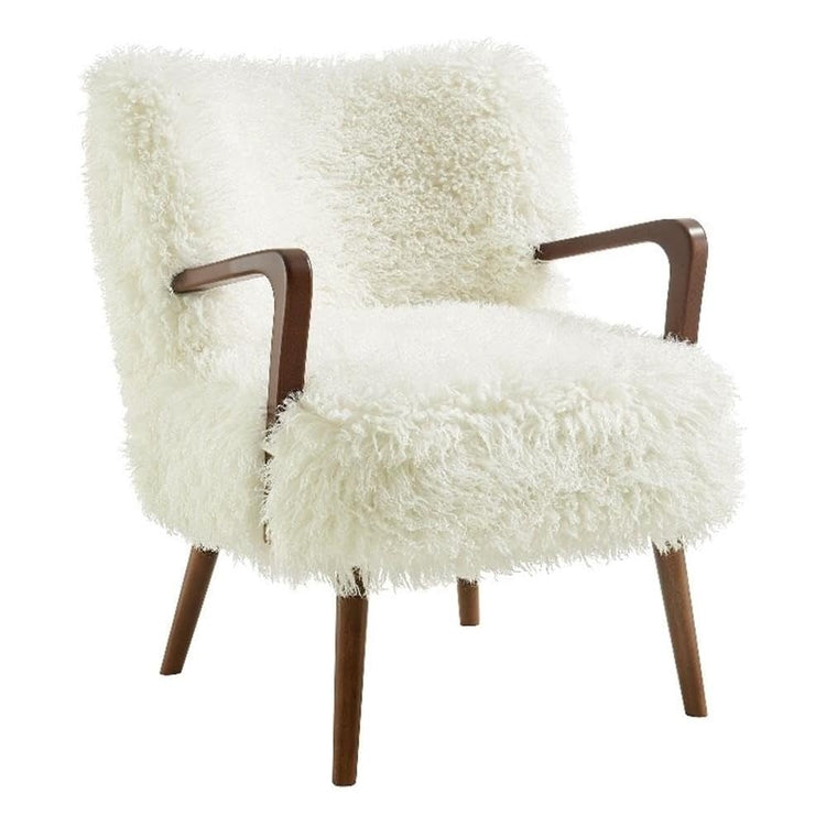 Modway Zerra Upholstered Faux Shearling Lounge Chair in White – Mid-Century Modern Accent Armchair with Wood Frame – Fuzzy Fabric Single Sofa Chair