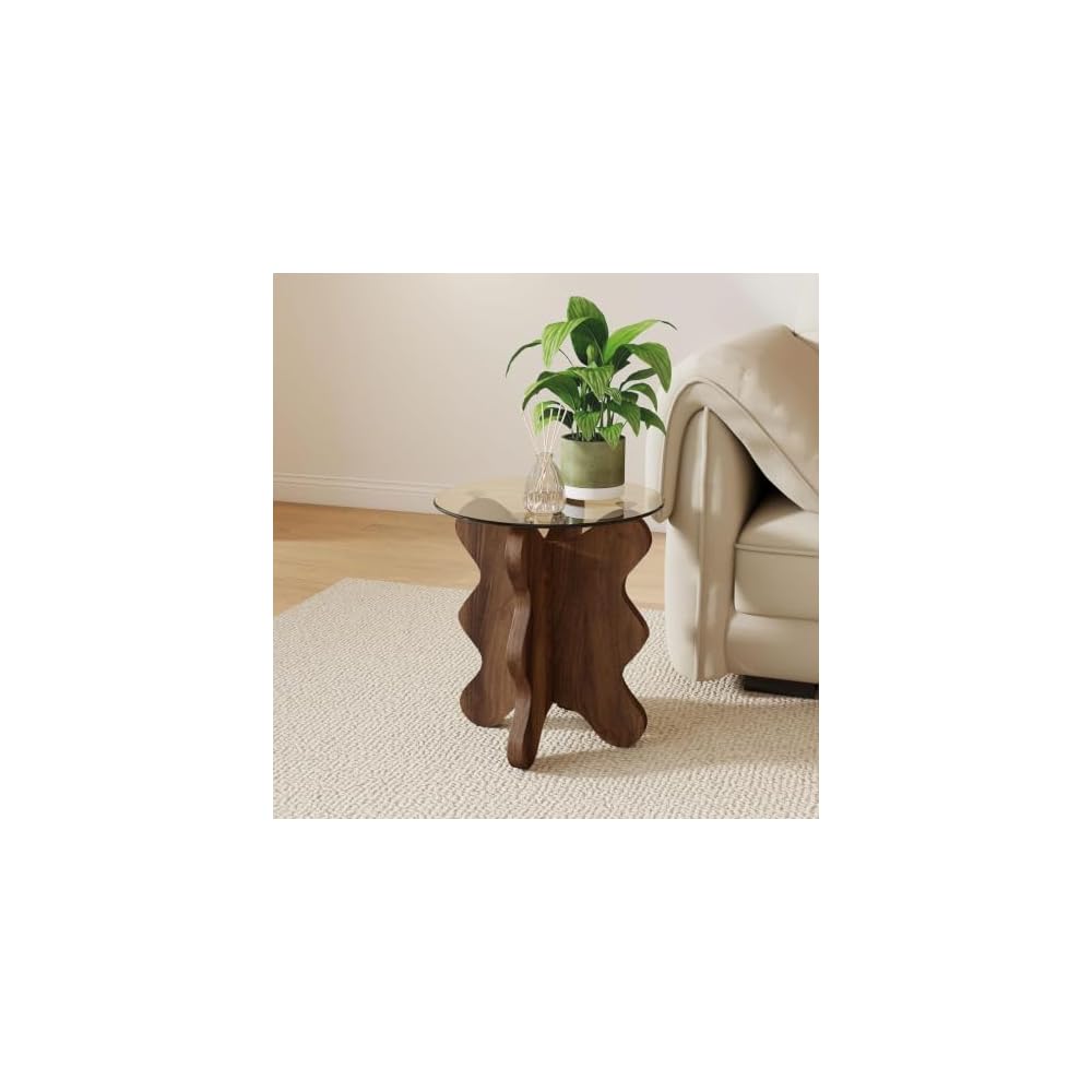 Wave-Shaped Coffee & Side Table with MDF Frame & Amber Tempered Glass Top