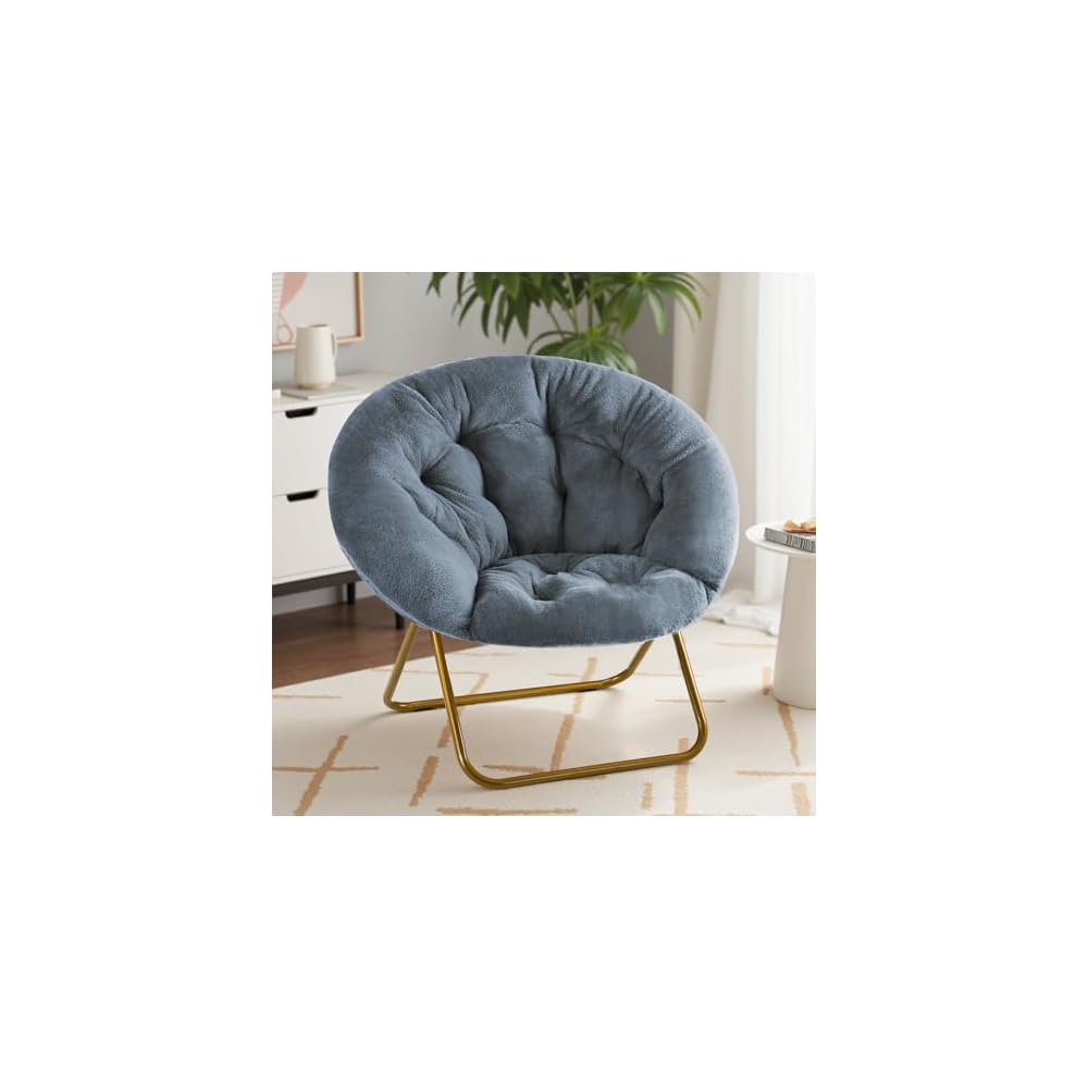 Sweetcrispy Saucer Chairs, Comfy Folding Cozy Faux Fur Living Room Reading Lounge Chair with Soft Thick Padded Seat & Metal Frame Modern Style Bedroom Dorm for Kids Adults, X-Large - Classic Gray