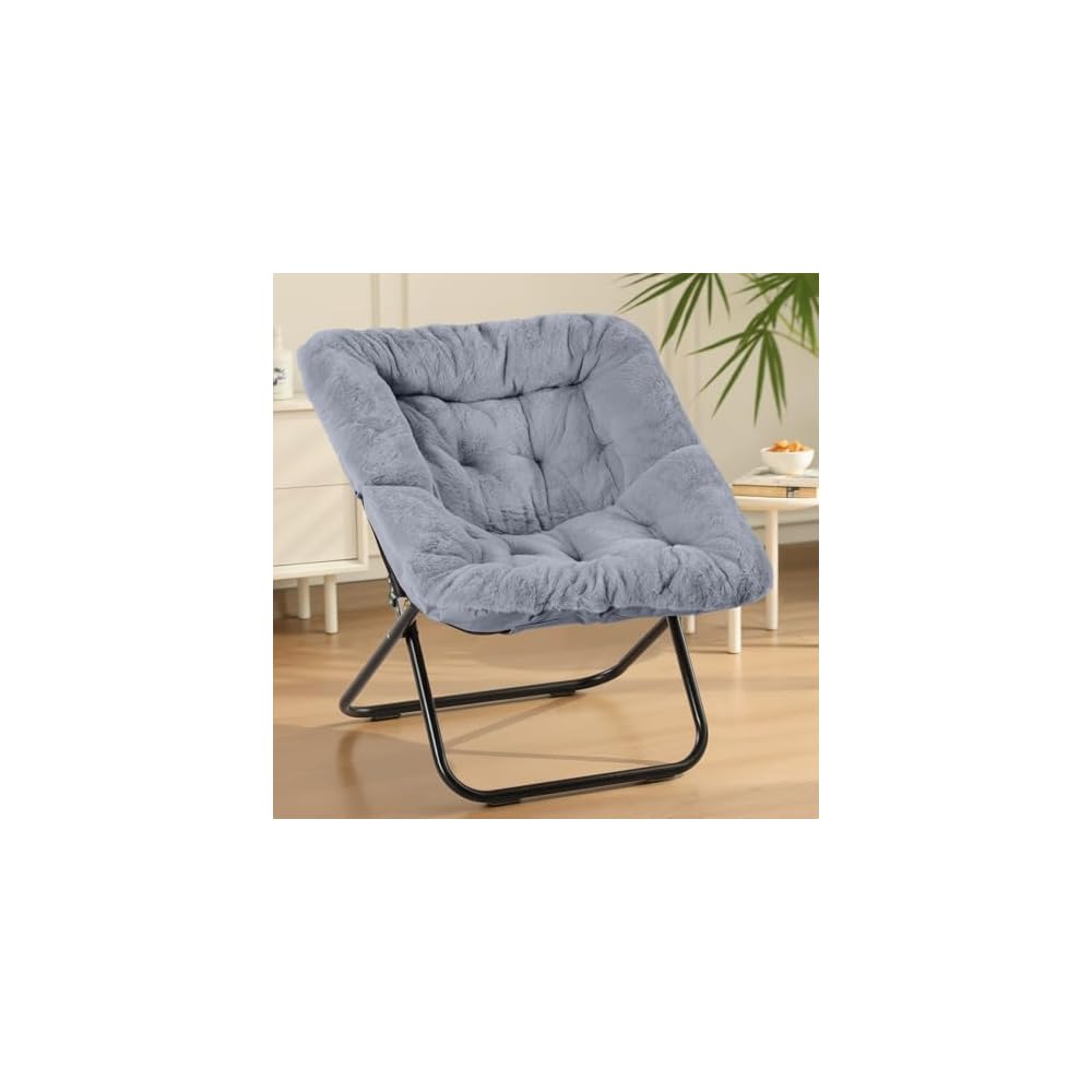 Sweetcrispy Saucer Chairs, Comfy Folding Cozy Faux Fur Living Room Reading Lounge Chair with Soft Thick Padded Seat & Metal Frame Modern Style Bedroom Dorm for Kids Adults, X-Large - Classic Gray