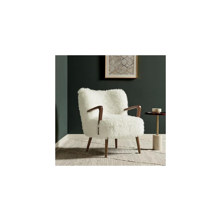 Modway Zerra Upholstered Faux Shearling Lounge Chair in White – Mid-Century Modern Accent Armchair with Wood Frame – Fuzzy Fabric Single Sofa Chair