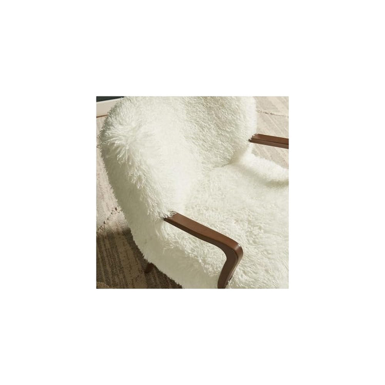 Modway Zerra Upholstered Faux Shearling Lounge Chair in White – Mid-Century Modern Accent Armchair with Wood Frame – Fuzzy Fabric Single Sofa Chair
