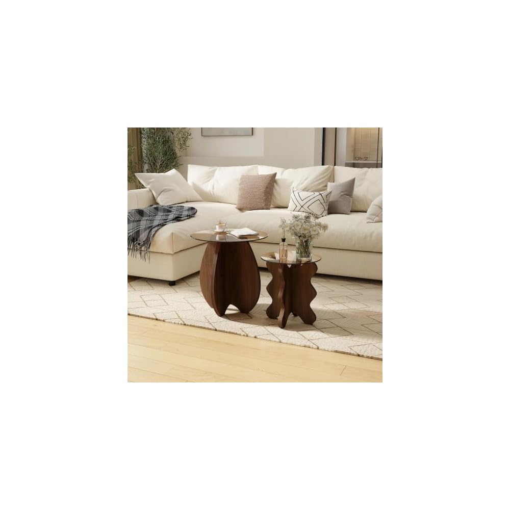 Wave-Shaped Coffee & Side Table with MDF Frame & Amber Tempered Glass Top