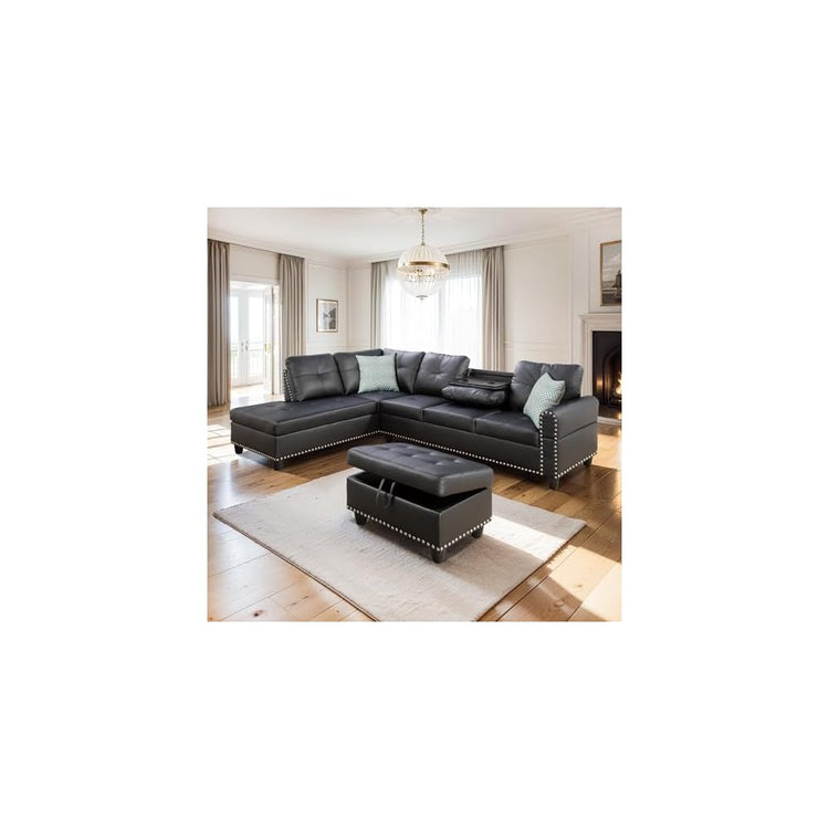 3-Piece Faux Leather Sectional Sofa, Button Tufted Upholstered L-Shape Black Couch with Chaise Lounge and Storage Ottoman, Living Room Furniture Sets w/Foldable Console & Cup Holder
