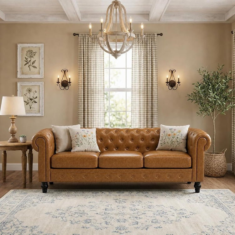 Modern Chesterfield Button-Tufted Couch, 88" Light Brown PU Leather 3 Seater Sofa, Home Luxury Upholstered Sofa Deep Seat Couch for Living Room Apartment Home Office