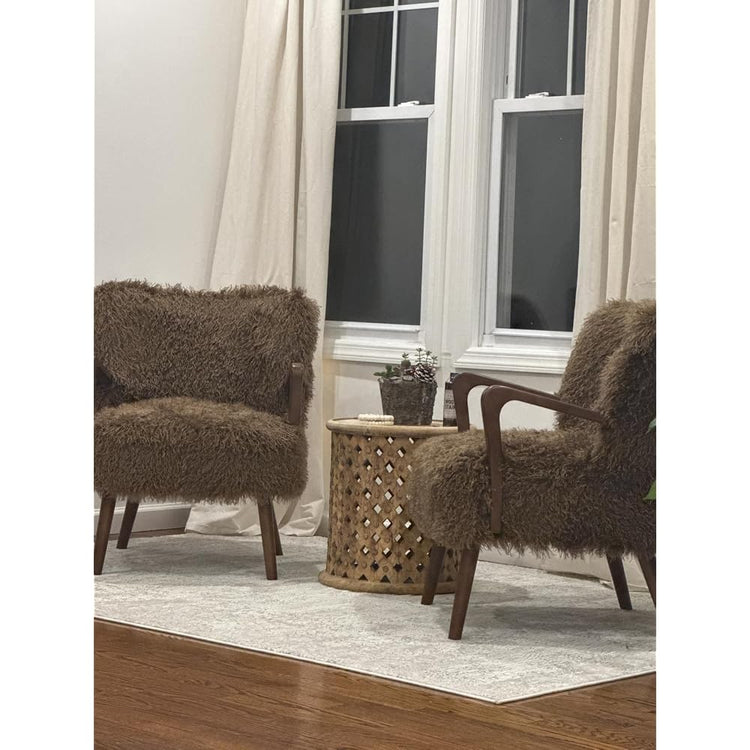 Modway Zerra Upholstered Faux Shearling Lounge Chair in White – Mid-Century Modern Accent Armchair with Wood Frame – Fuzzy Fabric Single Sofa Chair
