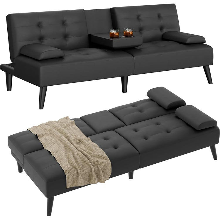 JAMFLY Futon Sofa Bed, 64" Small Futon Couch with Adjustable Backrest (Black Leather)