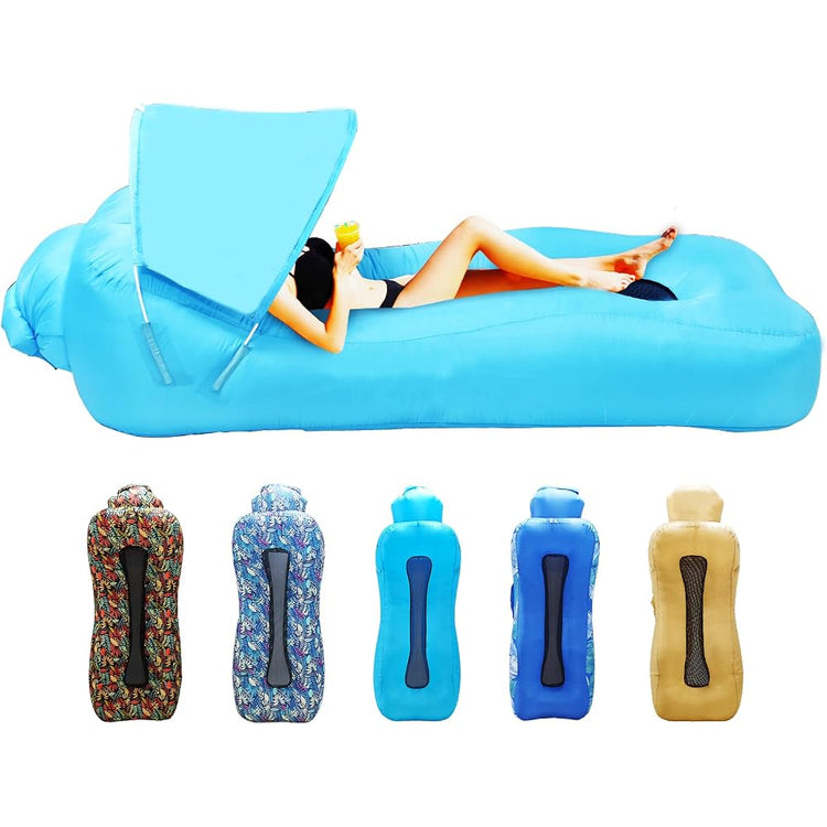 Inflatable Couch, Inflatable Lounger Air Sofa | No-Pump Blow Up Couch | Ergonomic Design, Air Couches Outdoor for Camping & Park & Beach, Upgrade Your Camping Accessories-with Sun Shade（Blue）