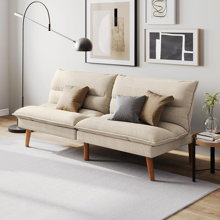 LINSY Home 66" Futon Sofa Bed, Corduroy Futon Couch with 3-Position Adjustable Backrest, Solid Wood Legs, Convertible Small Sofa Bed for Living Room, Apartment, Dorm, Beige