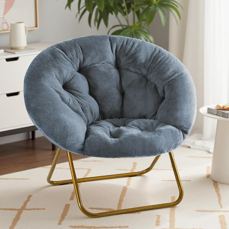 Sweetcrispy Saucer Chairs, Comfy Folding Cozy Faux Fur Living Room Reading Lounge Chair with Soft Thick Padded Seat & Metal Frame Modern Style Bedroom Dorm for Kids Adults, X-Large - Classic Gray