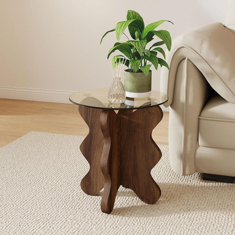 Wave-Shaped Coffee & Side Table with MDF Frame & Amber Tempered Glass Top