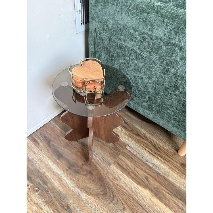 Wave-Shaped Coffee & Side Table with MDF Frame & Amber Tempered Glass Top