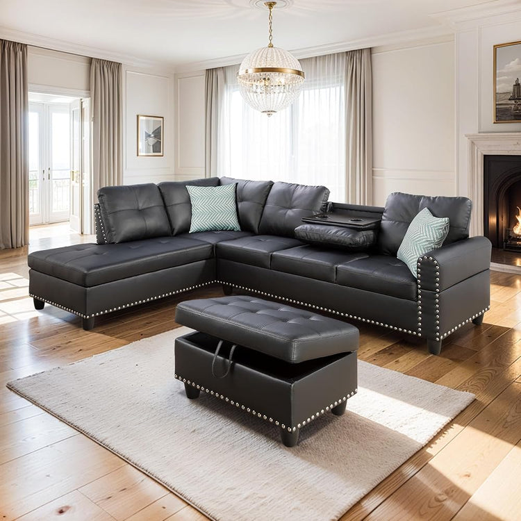 3-Piece Faux Leather Sectional Sofa, Button Tufted Upholstered L-Shape Black Couch with Chaise Lounge and Storage Ottoman, Living Room Furniture Sets w/Foldable Console & Cup Holder